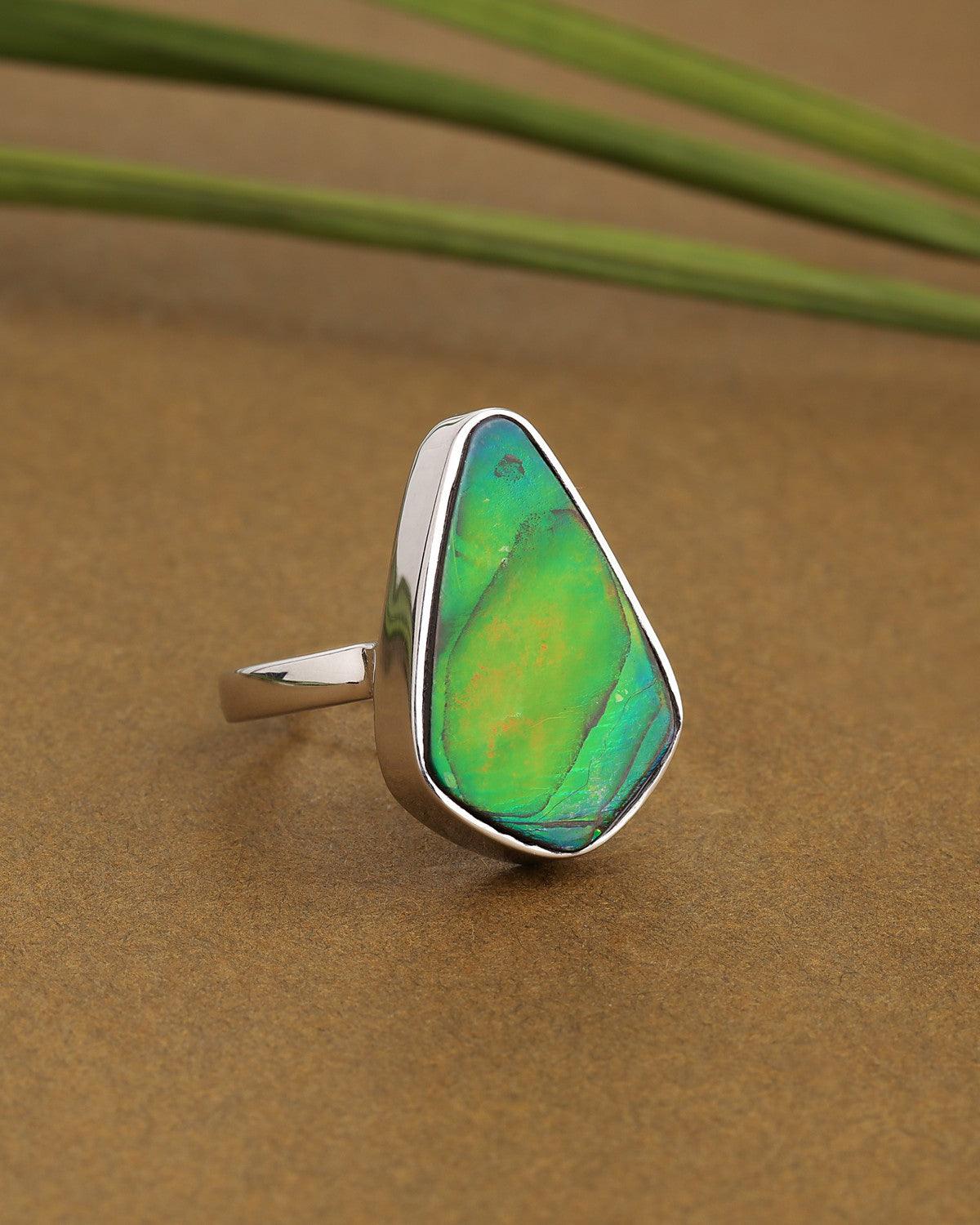 11 Ct. Ammolite Solid 925 Sterling Silver Statement Ring Jewelry - YoTreasure