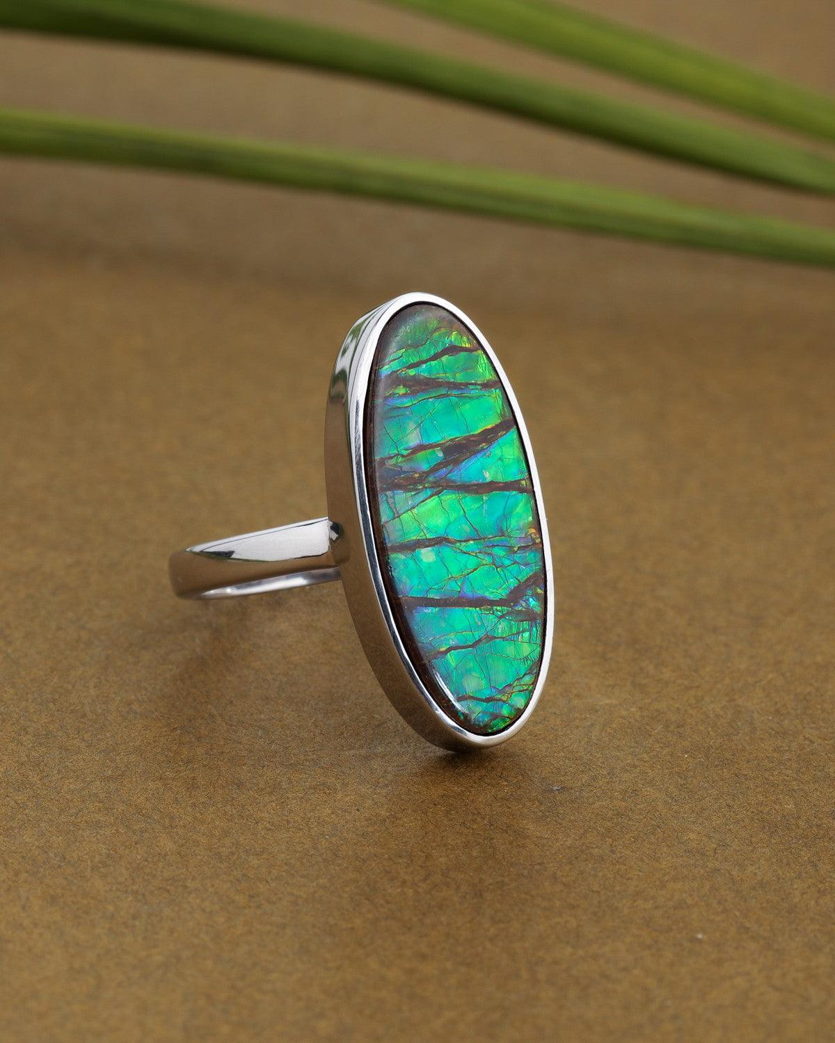 7.50 Ct. Ammolite Ring Solid 925 Sterling Silver Jewelry - YoTreasure