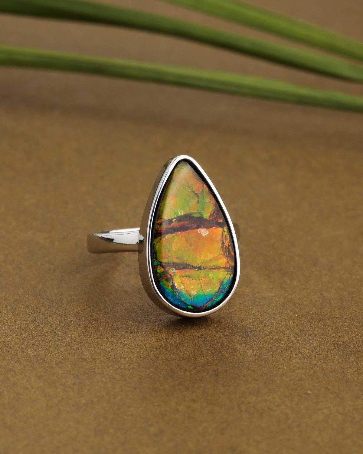7.50 Ct. Ammolite Solid 925 Sterling Silver Ring Jewelry - YoTreasure