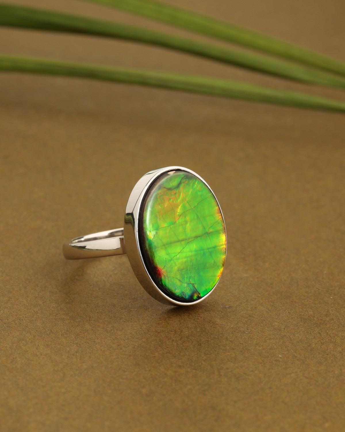 12.75 Ct. Ammolite Solid 925 Sterling Silver Ring Jewelry - YoTreasure