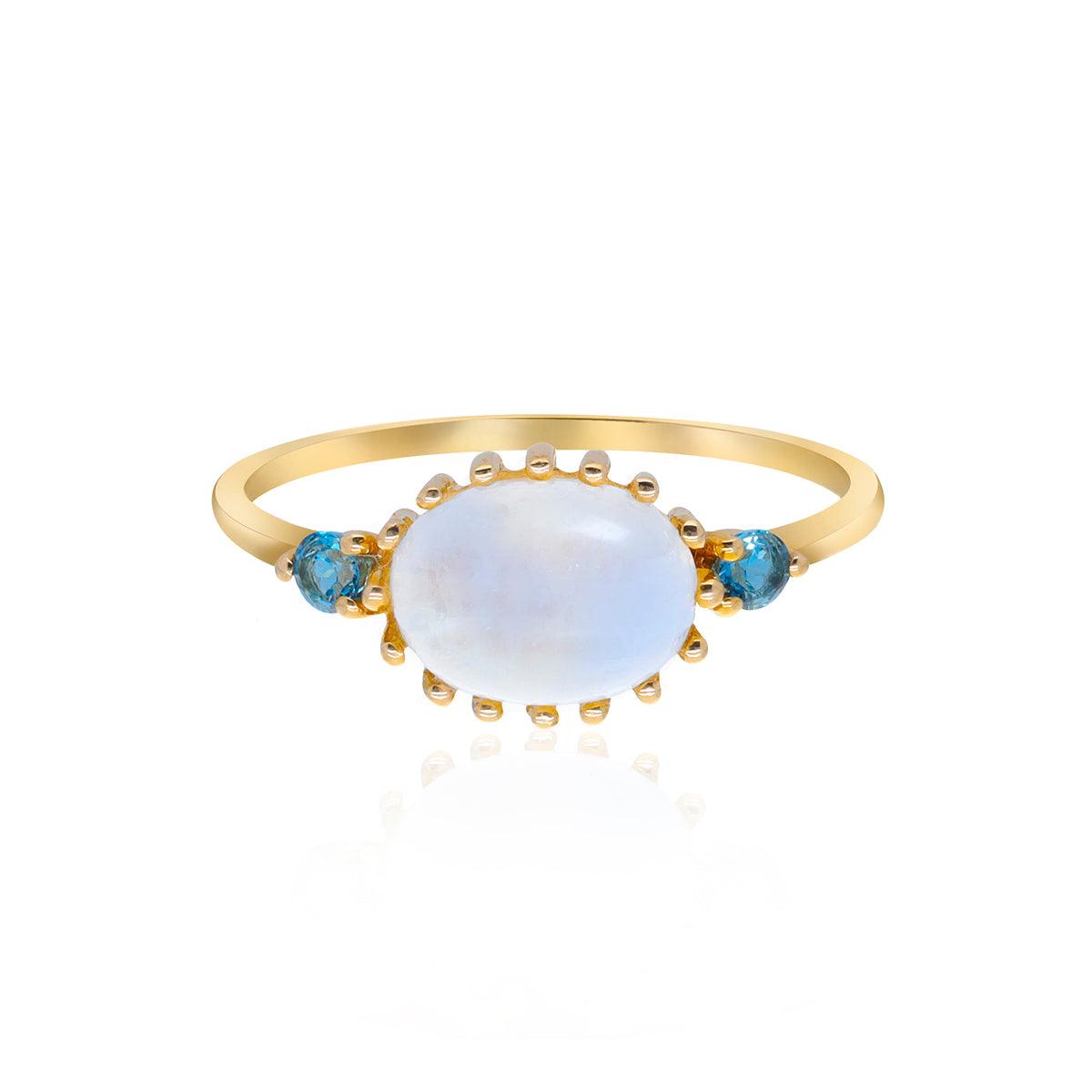 2.04 Ct. Rainbow Moonstone London Blue Topaz 14K Yellow Gold Promise Ring - YoTreasure