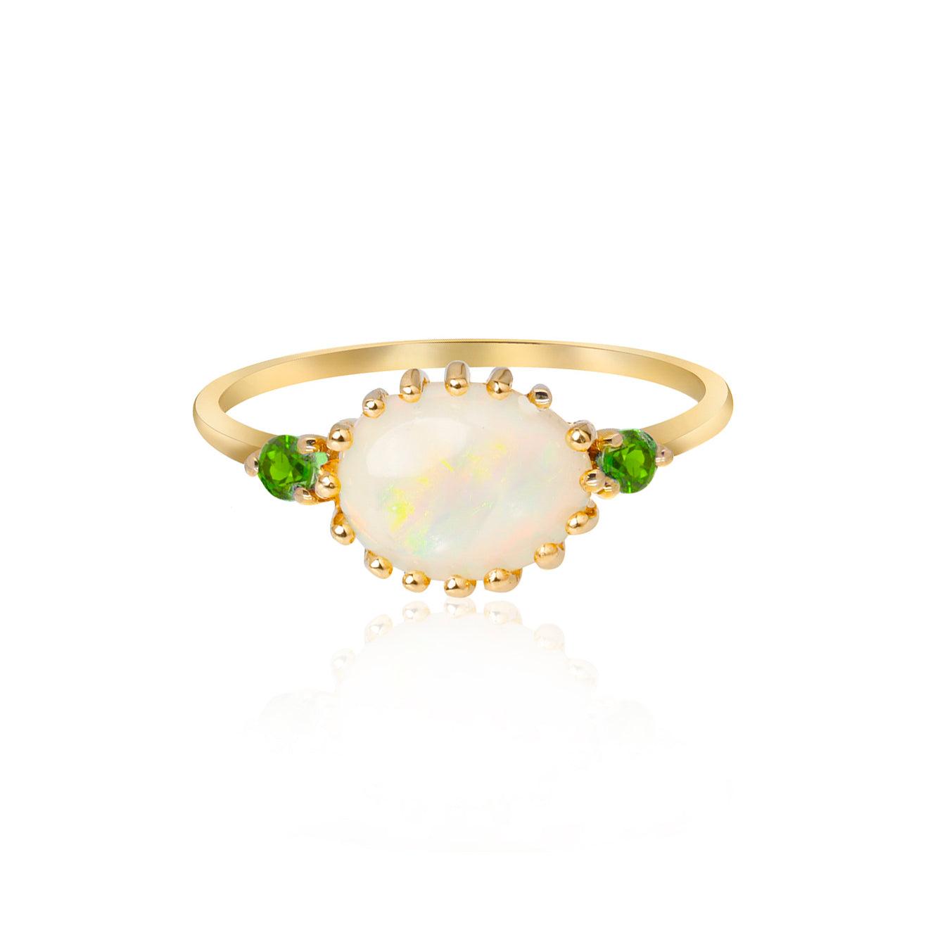 1.09 Ct. Genuine Ethiopian Opal Chrome Diopside 14K Yellow Gold Promise Ring - YoTreasure