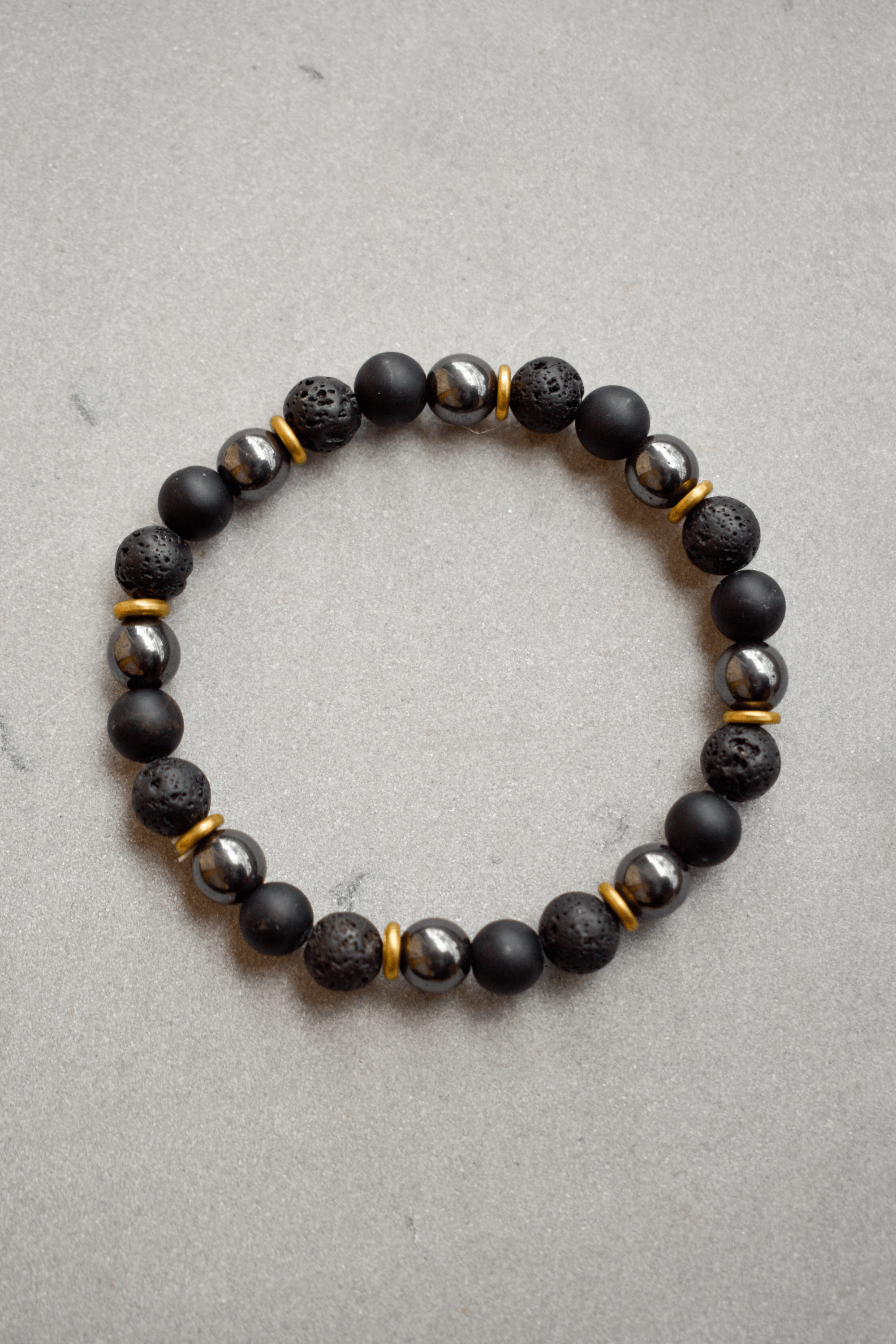 Black Onyx Hematite Volcanic Lava Brass Stretchable Beads Bracelet 7" For Men's Jewelry - YoTreasure