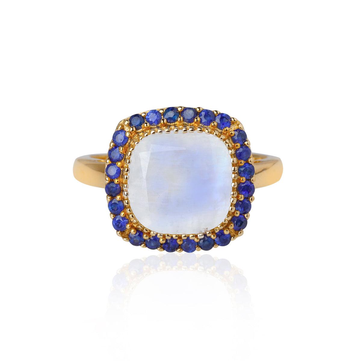 3.28 Ct. Rainbow Moonstone Blue Sapphire Ring 14K Yellow Gold Gemstone Jewelry - YoTreasure