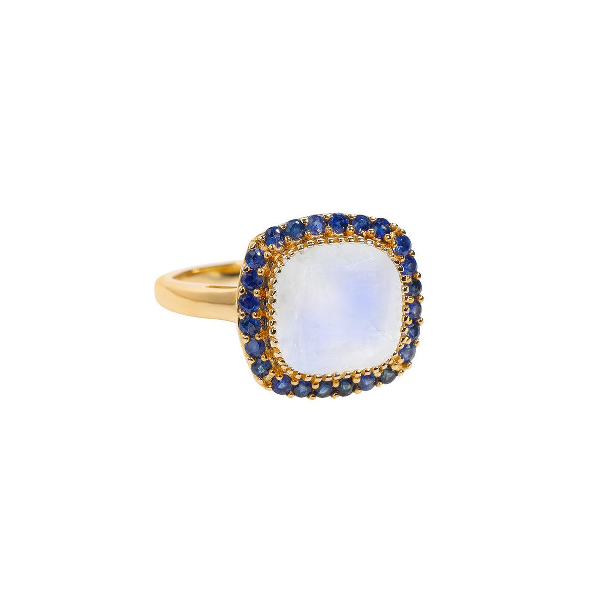 3.28 Ct. Rainbow Moonstone Blue Sapphire Ring 14K Yellow Gold Gemstone Jewelry - YoTreasure