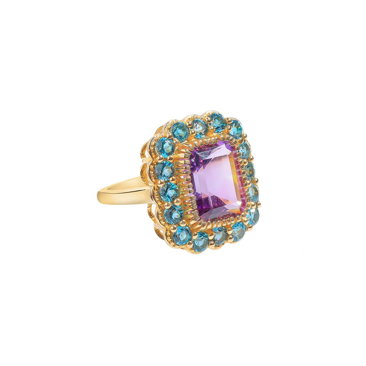 3.79 Ct. Purple Amethyst London Blue Topaz 14K Yellow Gold Statement Ring - YoTreasure