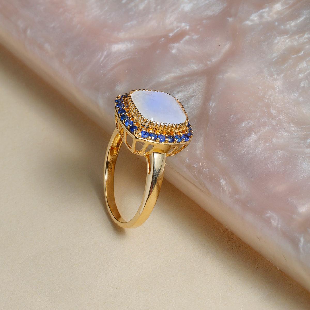 3.28 Ct. Rainbow Moonstone Blue Sapphire Ring 14K Yellow Gold Gemstone Jewelry - YoTreasure