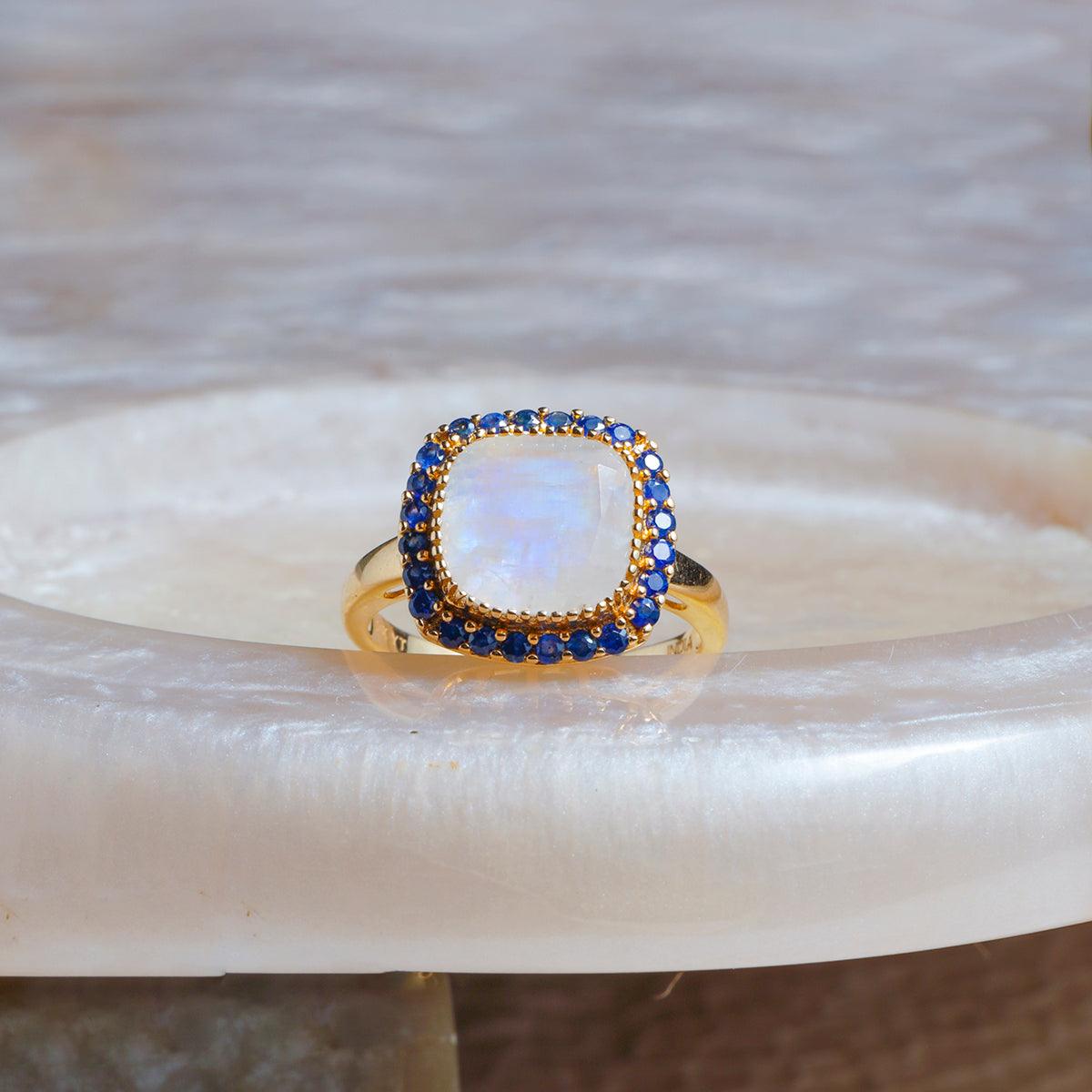 3.28 Ct. Rainbow Moonstone Blue Sapphire Ring 14K Yellow Gold Gemstone Jewelry - YoTreasure