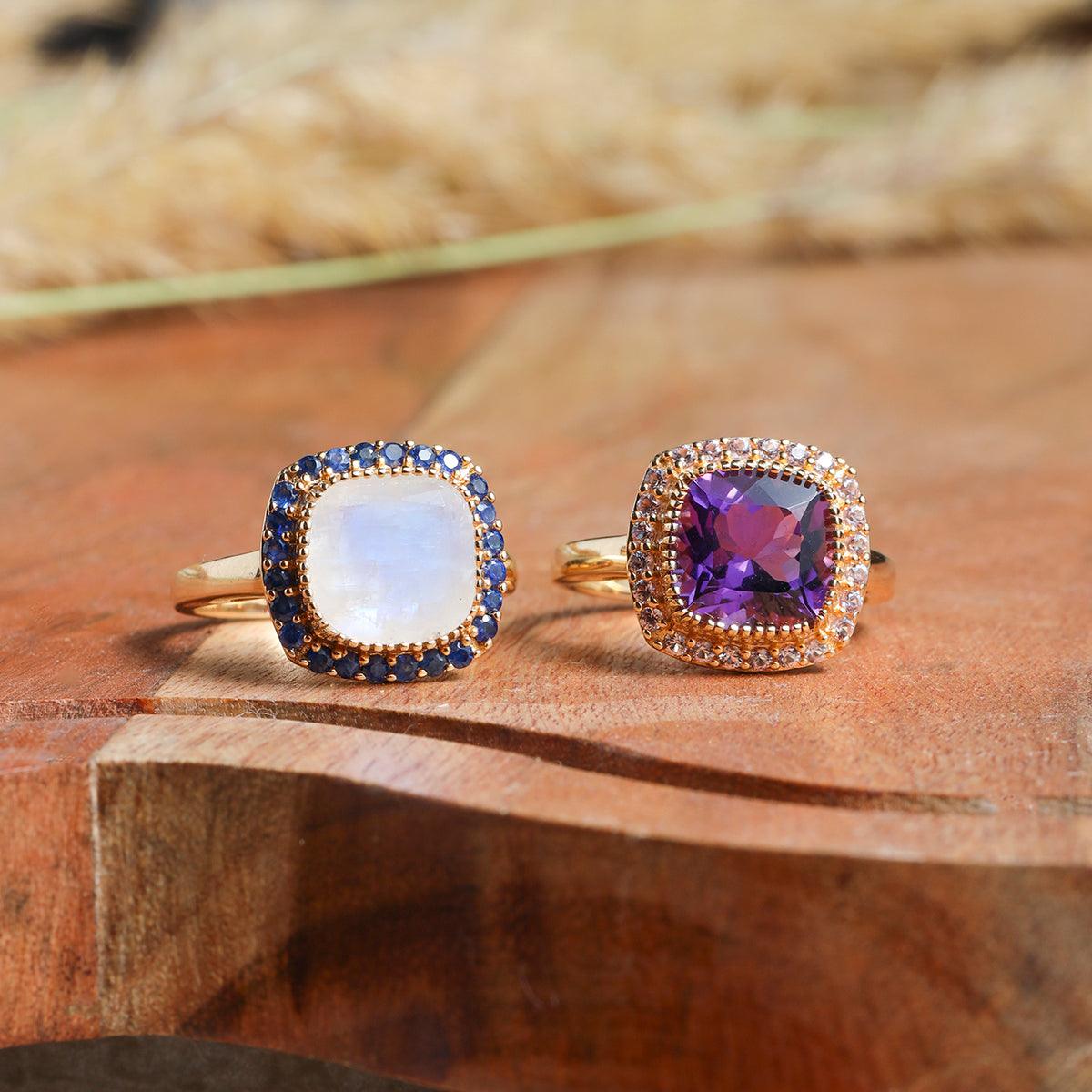 3.28 Ct. Rainbow Moonstone Blue Sapphire Ring 14K Yellow Gold Gemstone Jewelry - YoTreasure