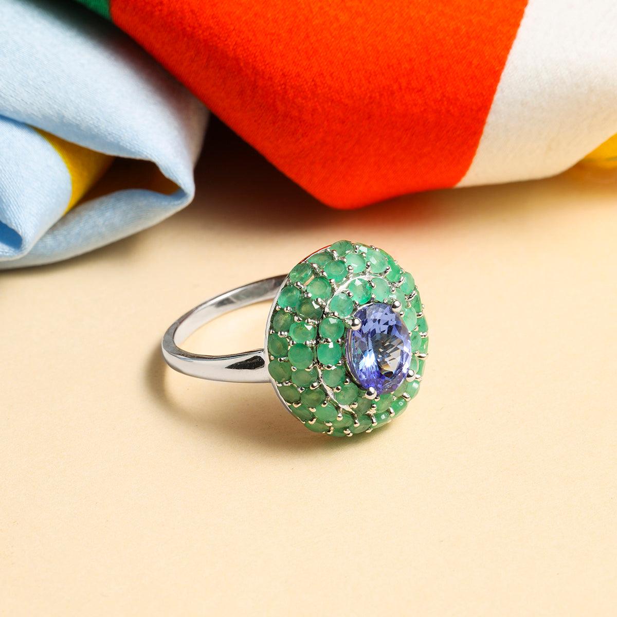 2.76 Ct. Tanzanite Zambian Emerald Chunky Ring 14K White Gold Jewelry - YoTreasure