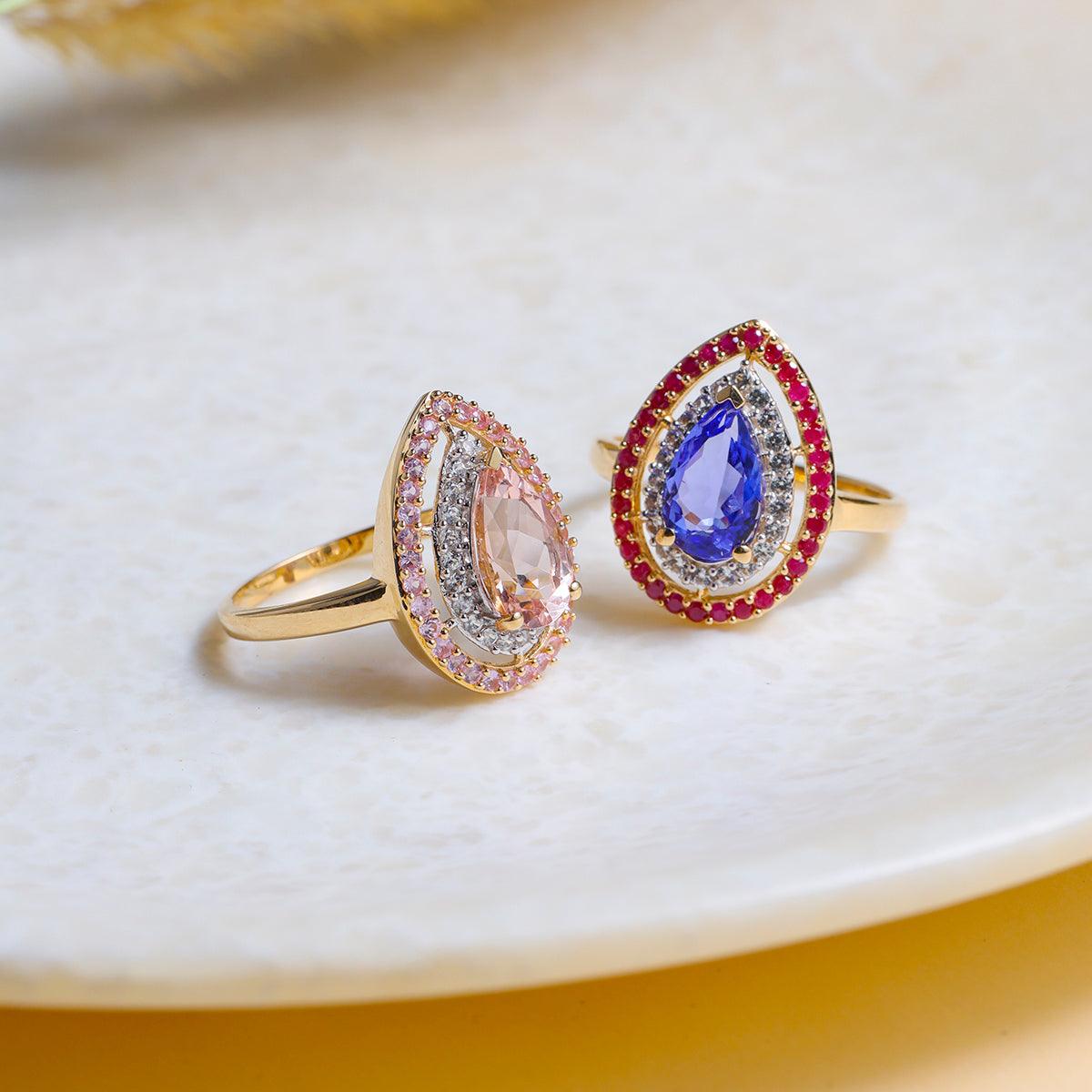 2.28 Ct. Pink Morganite Sapphire White Zircon 14K Yellow Gold Cluster Ring - YoTreasure