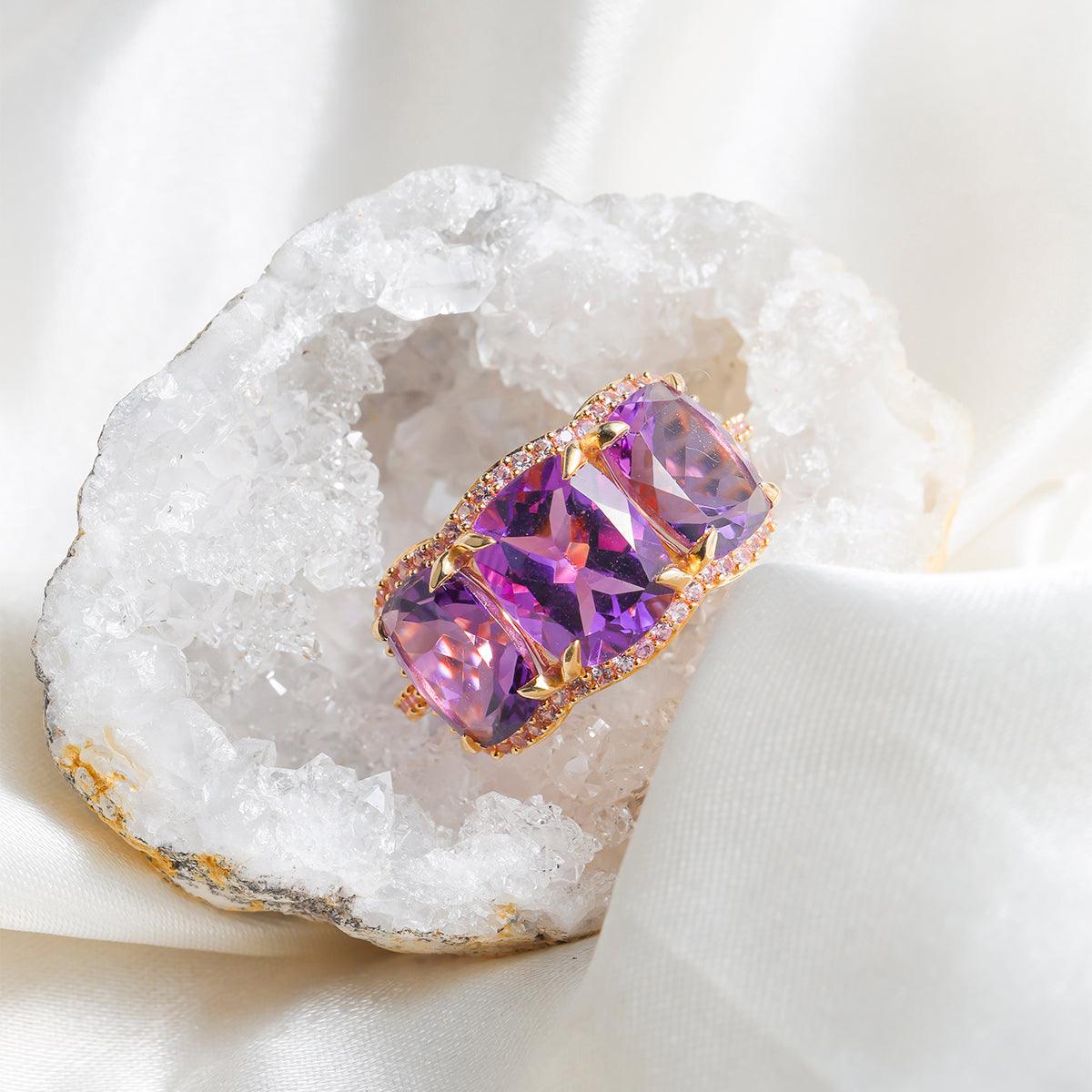 8.51 Ct. Purple Amethyst Pink Sapphire 14K Yellow Gold Wedding Band Ring - YoTreasure