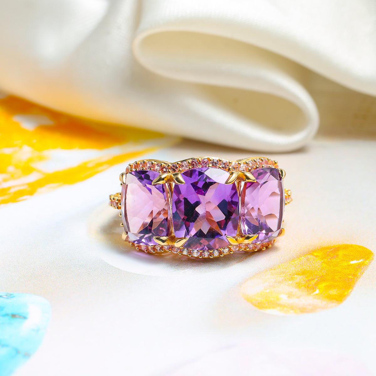 8.51 Ct. Purple Amethyst Pink Sapphire 14K Yellow Gold Wedding Band Ring - YoTreasure