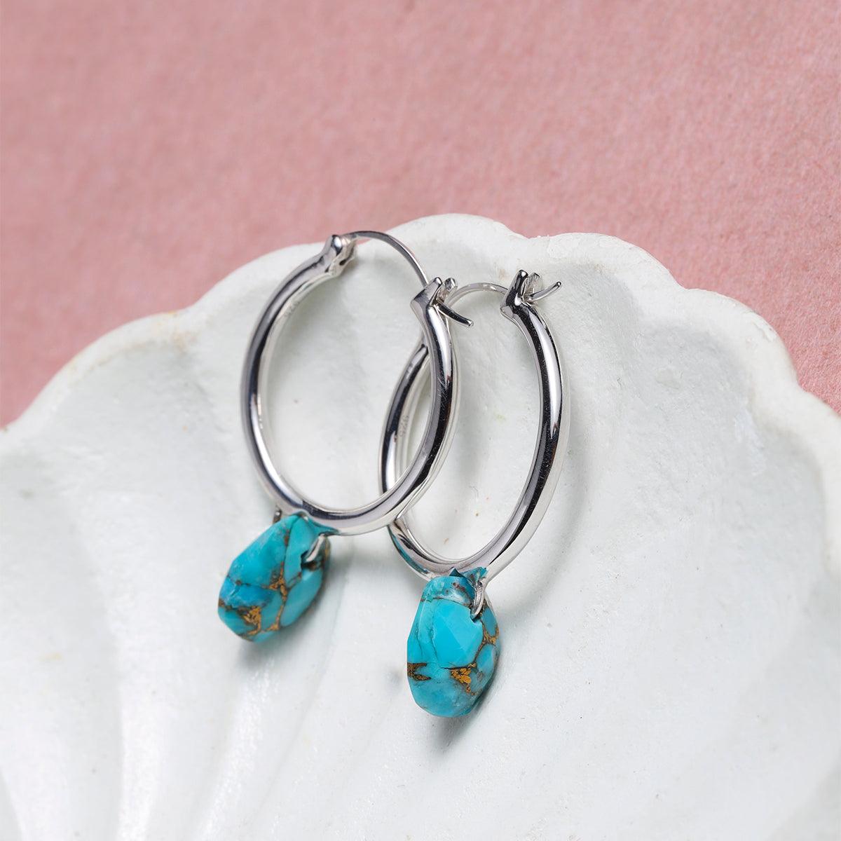 Blue Copper Turquoise Solid 925 Sterling Silver Hoop Earring - YoTreasure