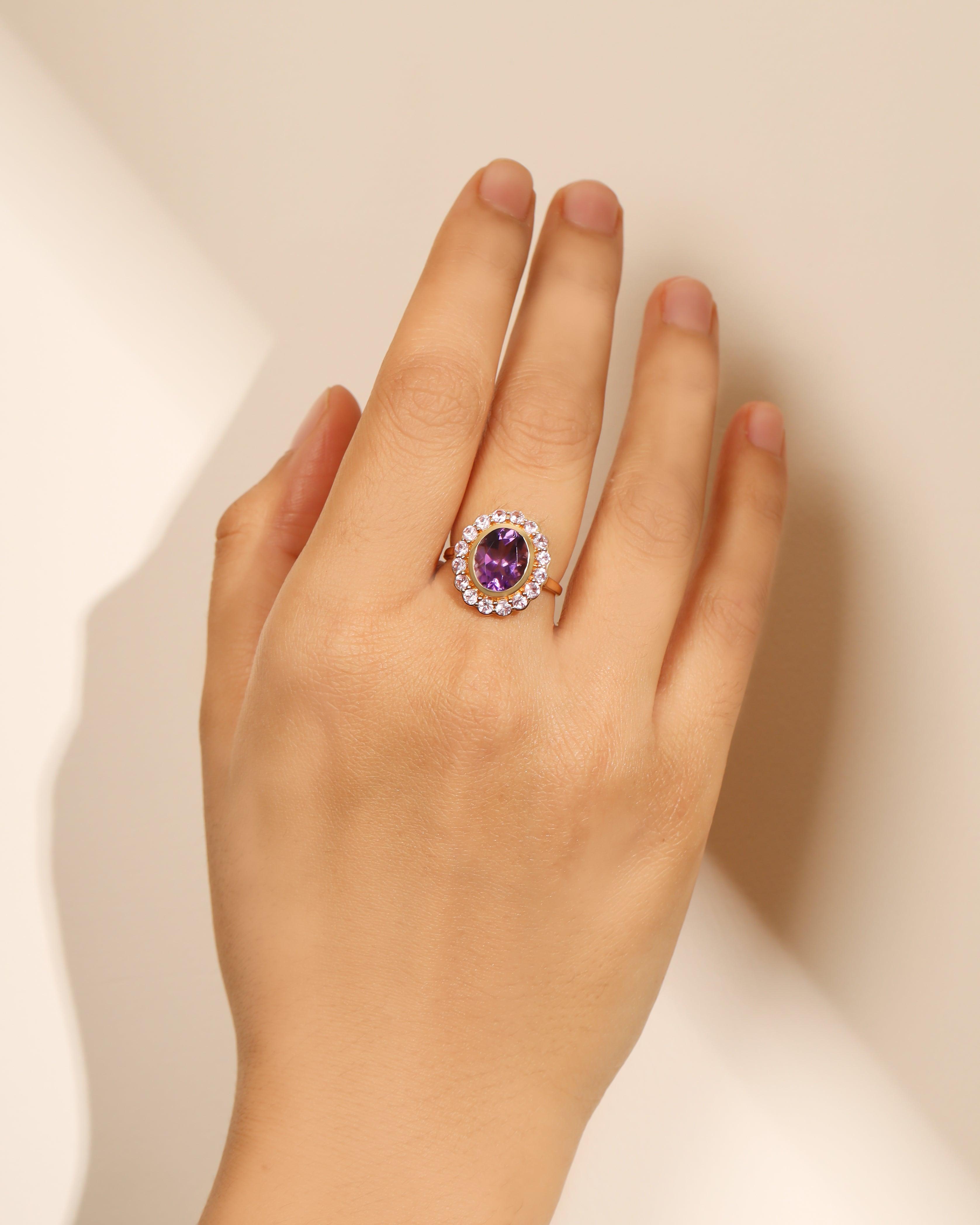 3.82 Ct. Purple Amethyst Pink Sapphire Cluster Ring 14K Yellow Gold Jewelry - YoTreasure