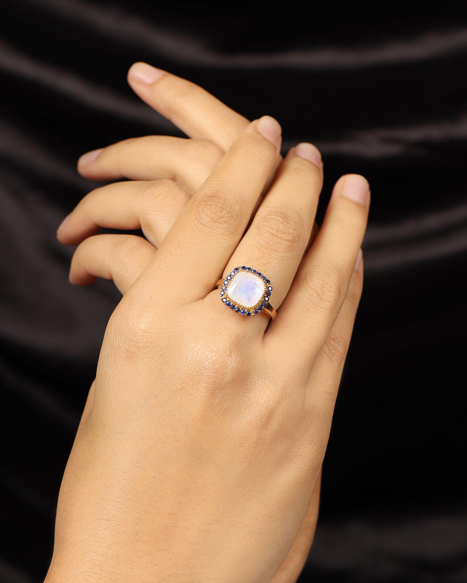 3.28 Ct. Rainbow Moonstone Blue Sapphire Ring 14K Yellow Gold Gemstone Jewelry - YoTreasure