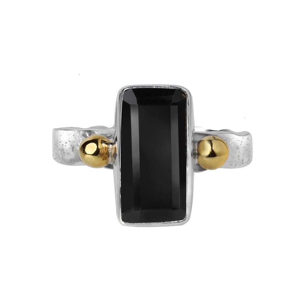 Black Onyx Solid 925 Sterling Silver Bold Ring With Brass Accents - YoTreasure