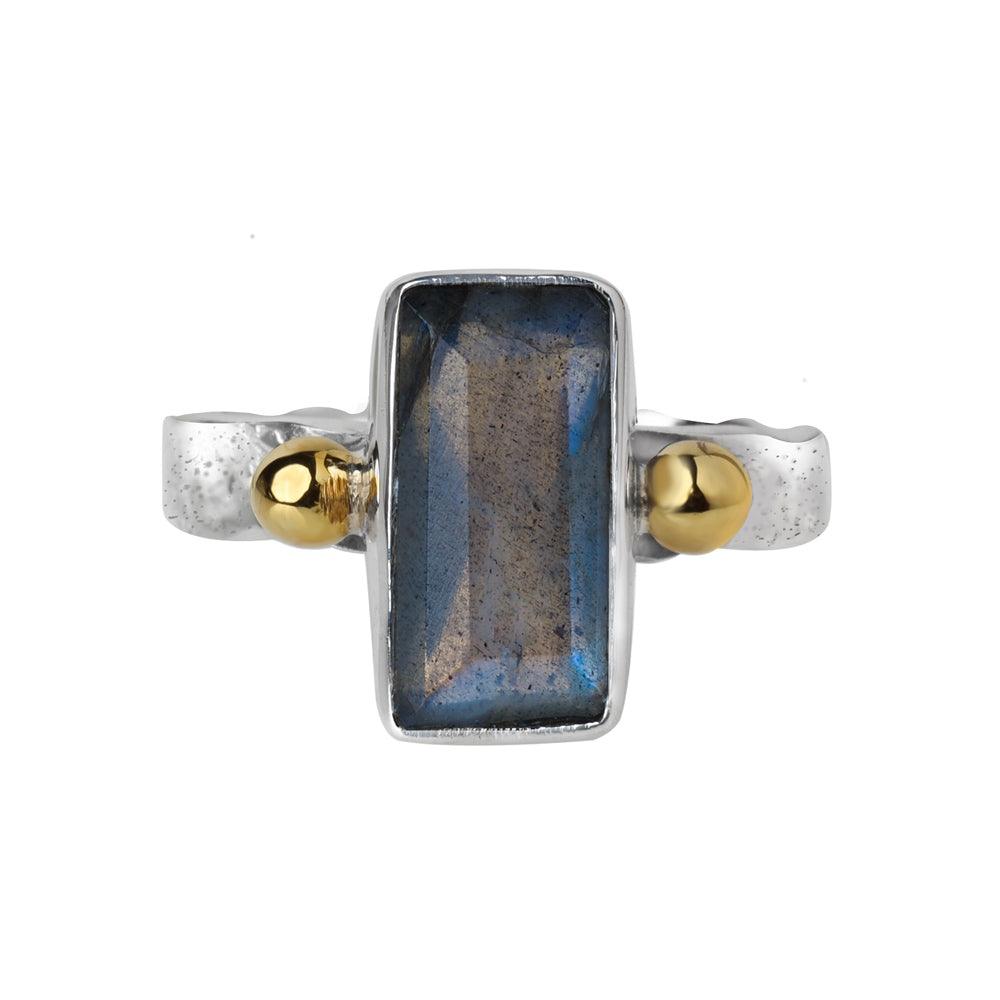 Labradorite Solid 925 Sterling Silver Bold Ring With Brass Accents - YoTreasure