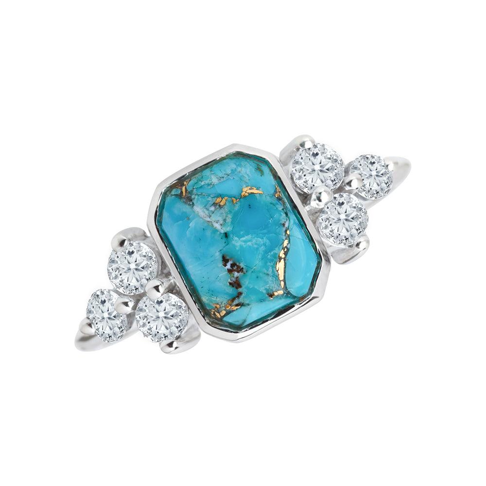 Blue Copper Turquoise White Topaz Solid 925 Sterling Silver Promise Ring - YoTreasure