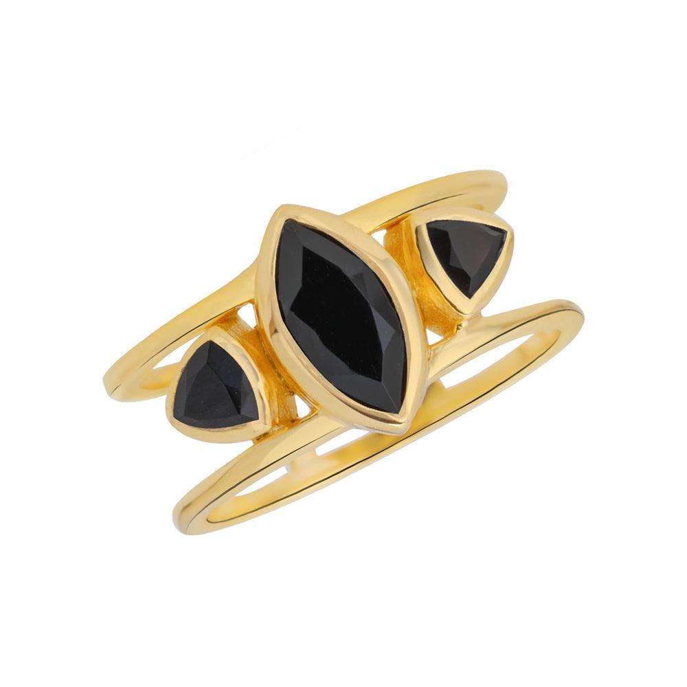 Black Onyx Solid 14K Gold Plated Over 925 Silver 3 Stone Ring - YoTreasure