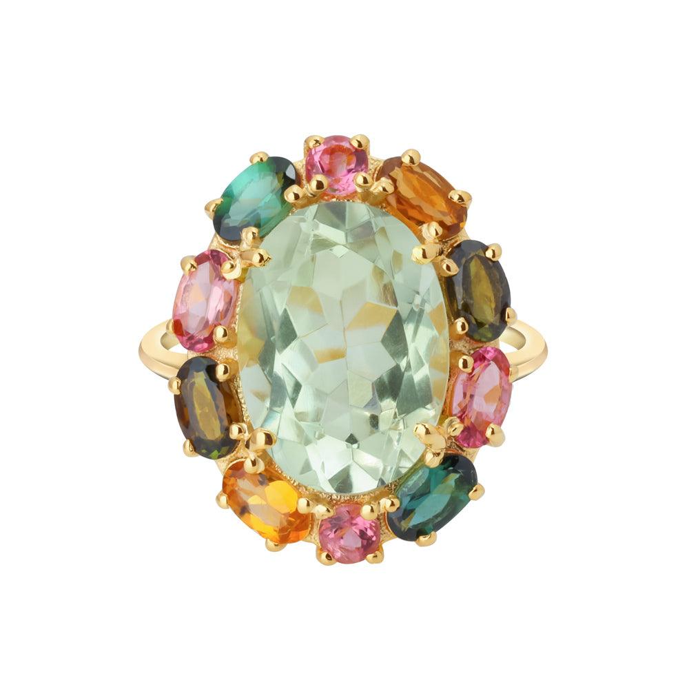Green Amethyst Tourmaline 14K Gold Plated Over 925 Silver Cluster Ring - YoTreasure