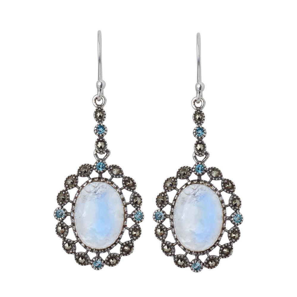 Moonstone Swiss Blue Topaz Marcasite 925 Sterling Silver Dangle Earrings - YoTreasure
