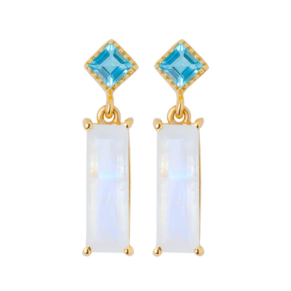 Moonstone Swiss Blue Topaz Solid 14k Yellow Gold Drop Earrings Gemstone Jewelry - YoTreasure