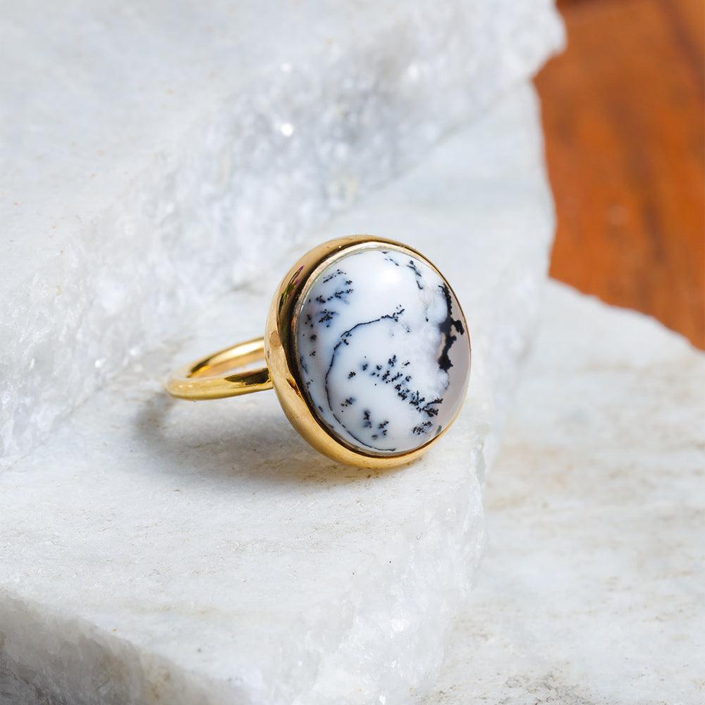 Dendritic Agate 14K Gold Plated Over 925 Silver Ring