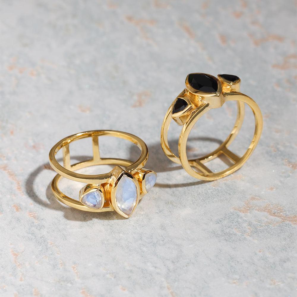 Black Onyx Solid 14K Gold Plated Over 925 Silver 3 Stone Ring - YoTreasure