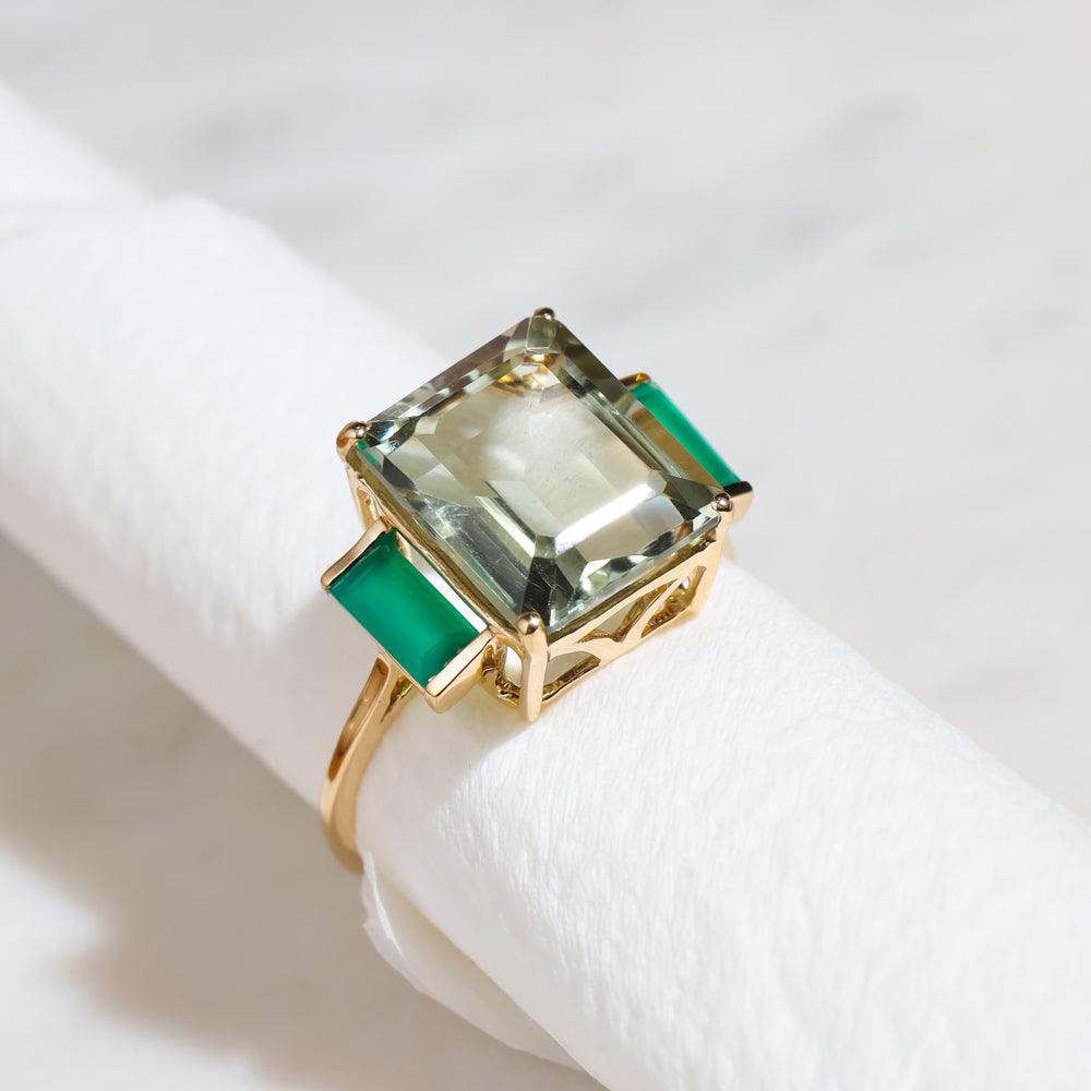 Green Amethyst Green Onyx Solid 14K Yellow Gold Promise Ring Jewelry - YoTreasure