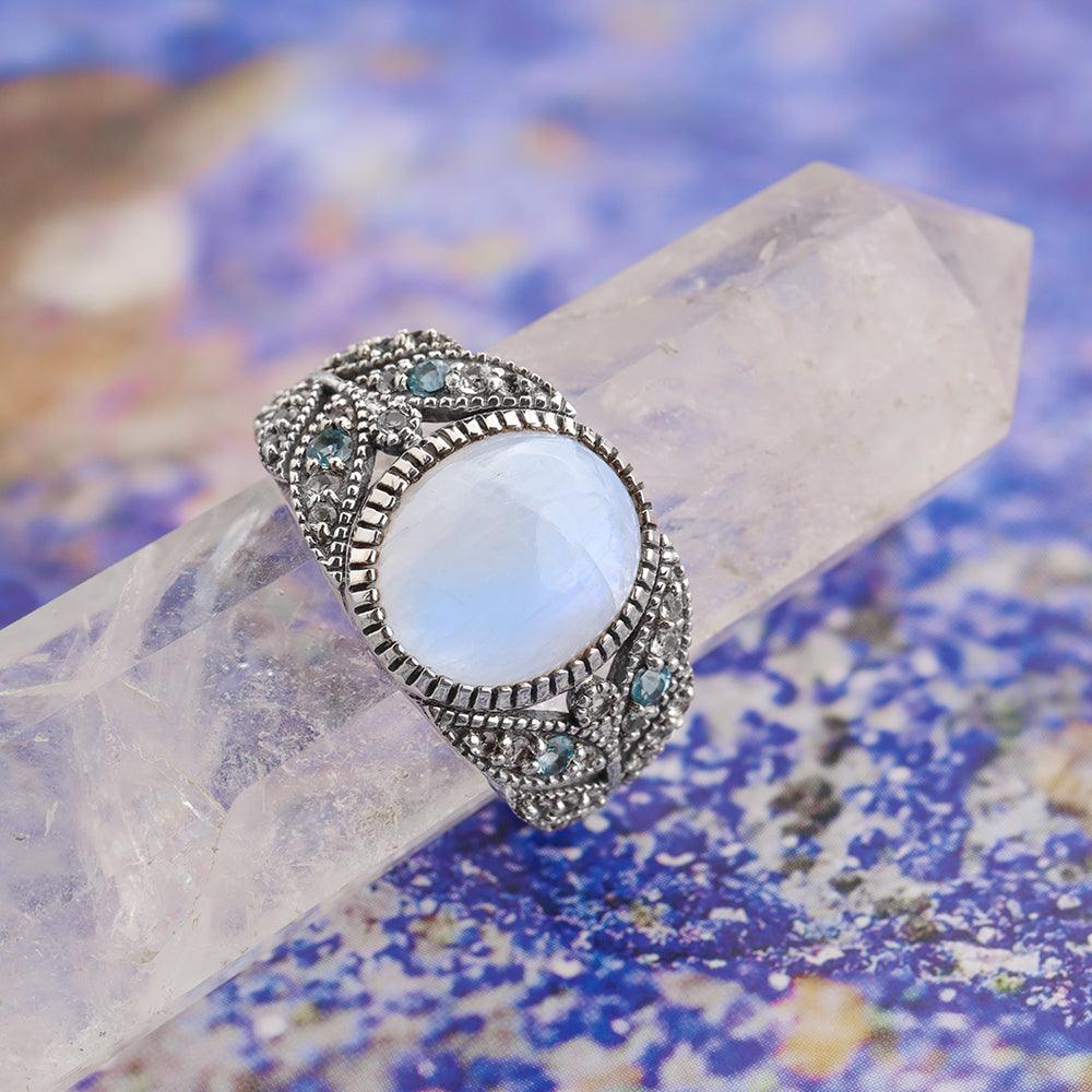 Rainbow Moonstone Sterling Silver Ring | Baguette Moonstone Ring | Flashy Moonstone Ring | Sterling Silver Statement Ring deals |