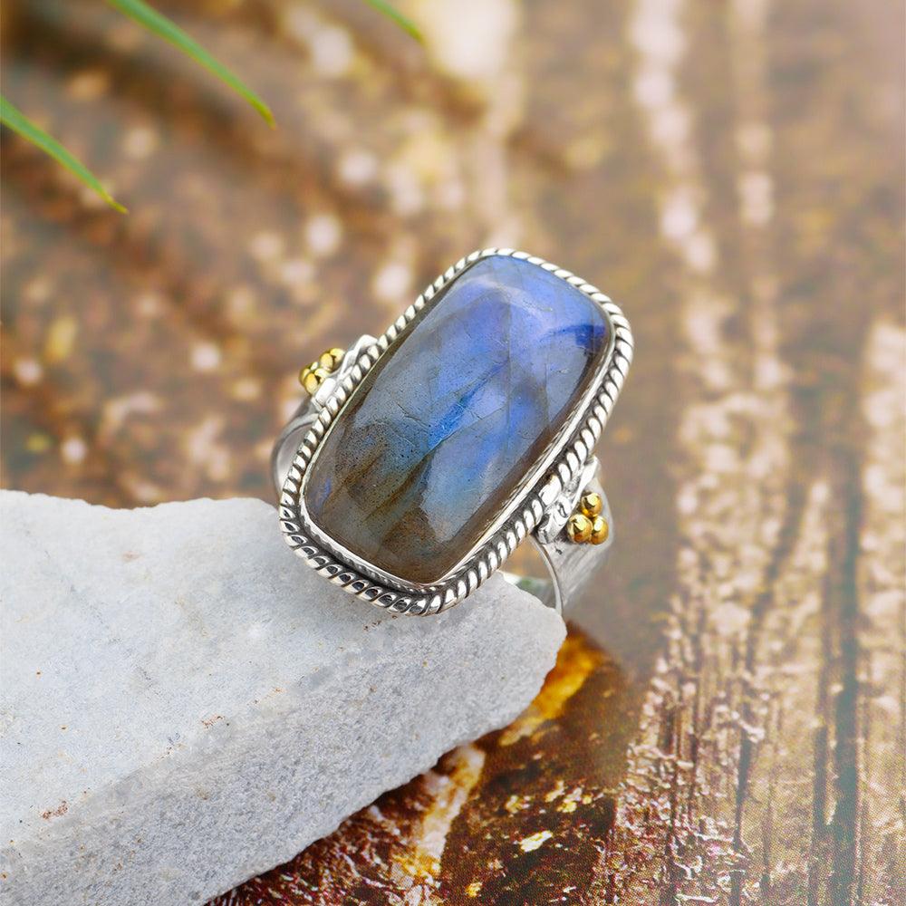 Labradorite Solid 925 Sterling Silver Bold Ring With Brass Accents Jewelry - YoTreasure