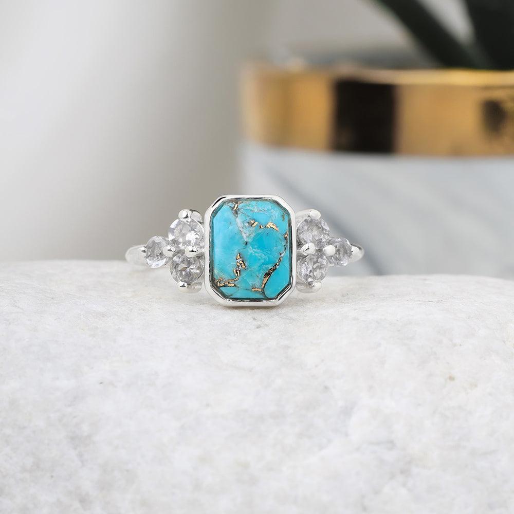 Blue Copper Turquoise White Topaz Solid 925 Sterling Silver Promise Ring - YoTreasure