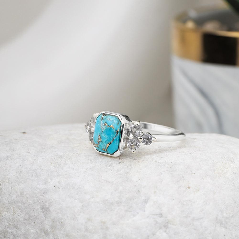 Blue Copper Turquoise White Topaz Solid 925 Sterling Silver Promise Ring - YoTreasure