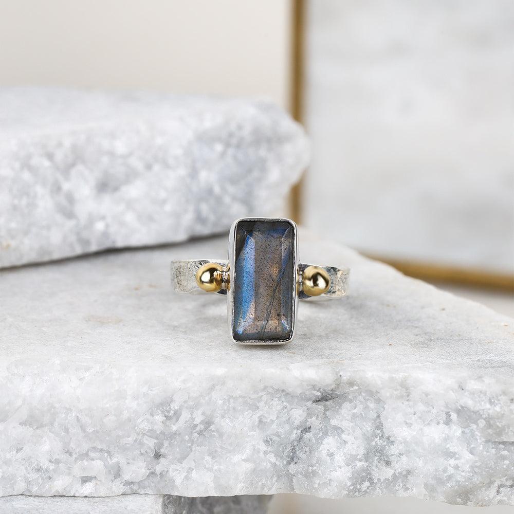 Labradorite Solid 925 Sterling Silver Bold Ring With Brass Accents - YoTreasure