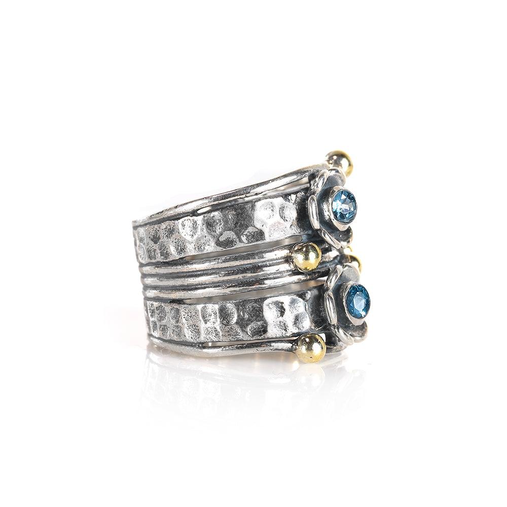 YoTreasure 3 MM London Blue Topaz 925 Sterling Silver Brass Wide Band Statement Ring - YoTreasure