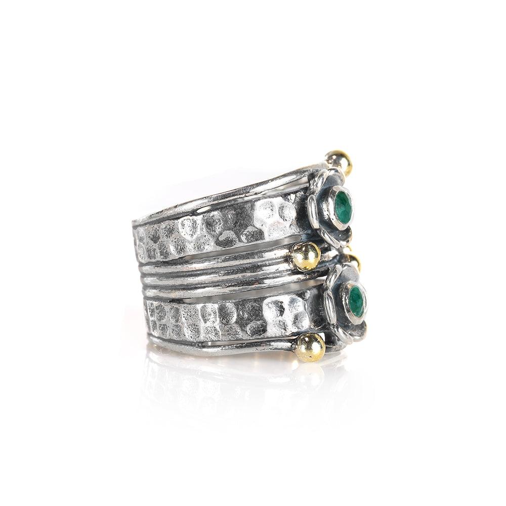 YoTreasure 3 MM Green Emerald 925 Sterling Silver Brass Wide Band Statement Ring - YoTreasure