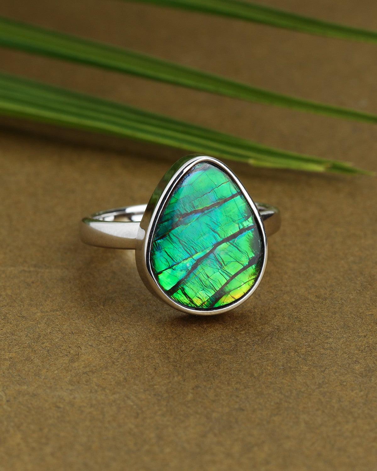 5.80 Ct. Ammolite Ring Solid 925 Sterling Silver Jewelry - YoTreasure