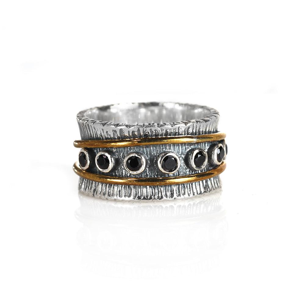 YoTreasure 2MM Oxidized Black Onyx Solid 925 Sterling Silver Brass Antique Spinner Ring - YoTreasure