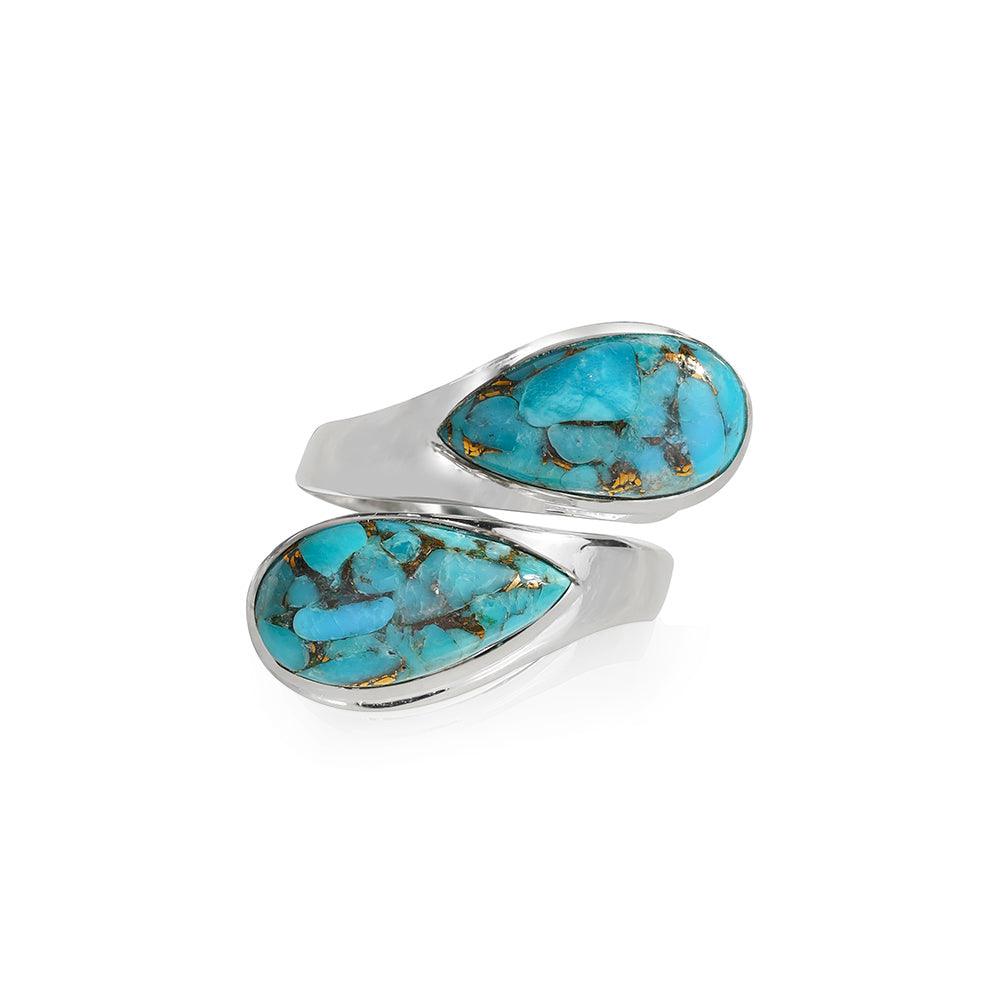 YoTreasure 8x16 MM Blue Copper Turquoise Bypass Ring 925 Sterling Silver Jewelry - YoTreasure
