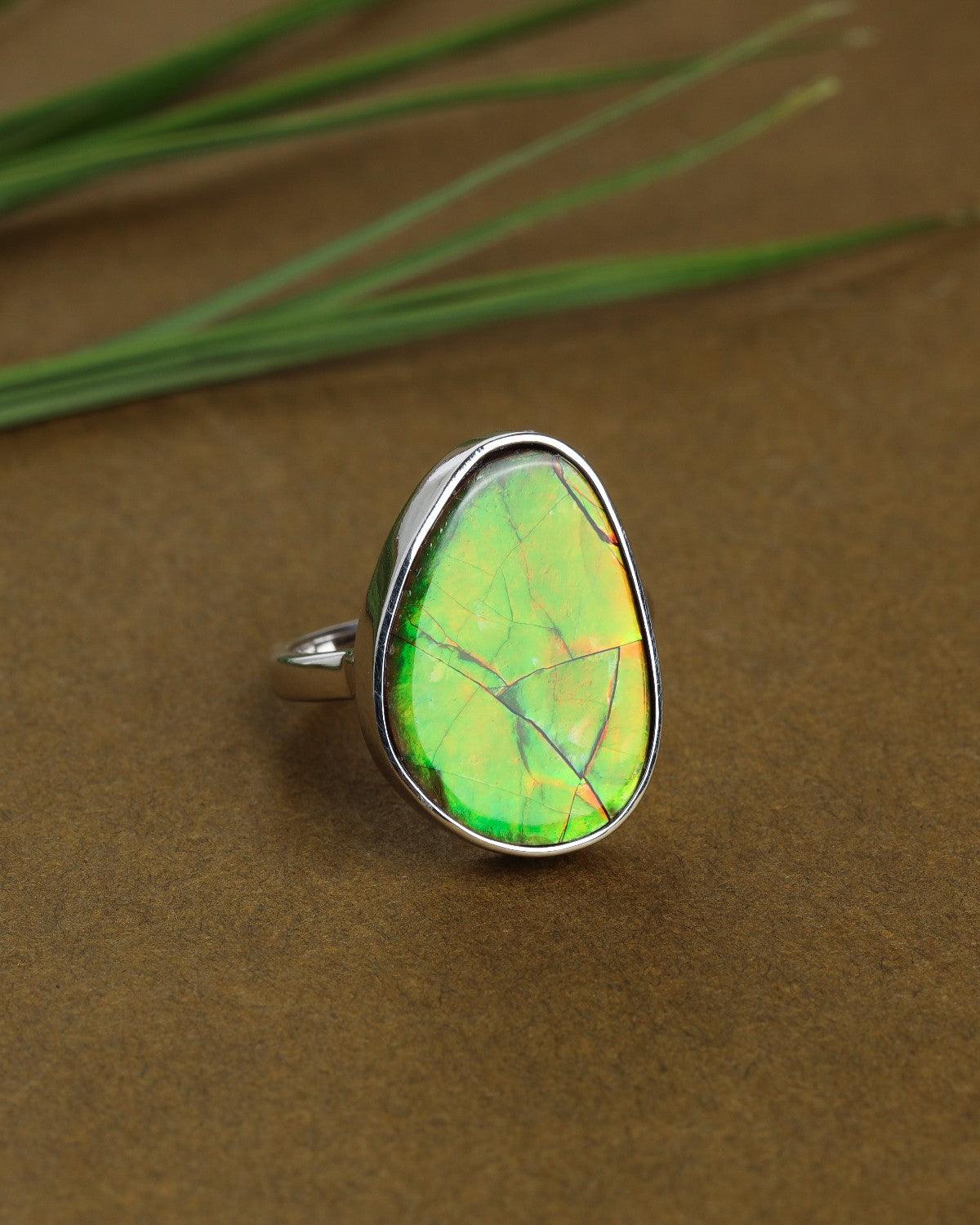10.05 Ct. Ammolite Ring Solid 925 Sterling Silver Jewelry - YoTreasure
