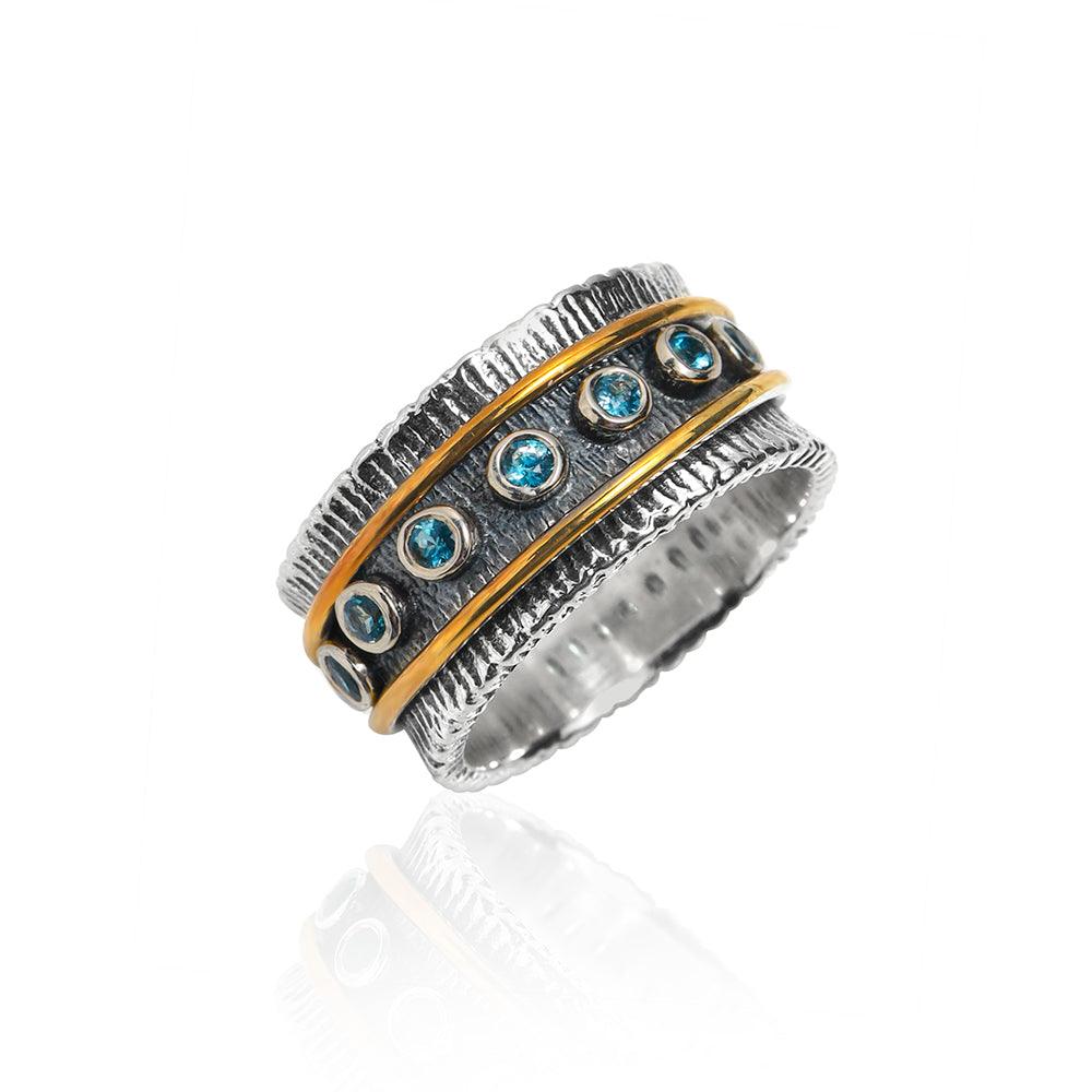 YoTreasure 2MM Oxidized London Blue Topaz Solid 925 Sterling Silver Brass Antique Spinner Ring - YoTreasure