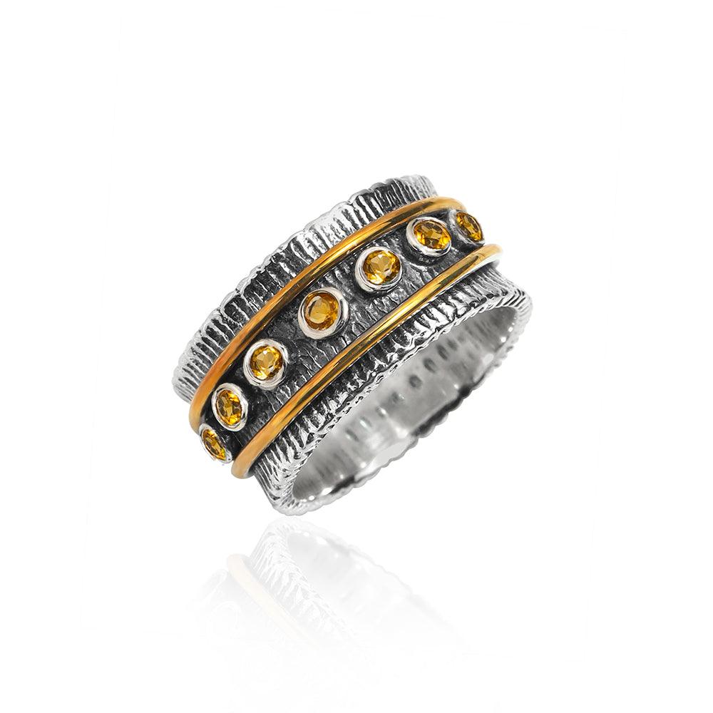 YoTreasure 2MM Oxidized Citrine Solid 925 Sterling Silver Brass Antique Spinner Ring - YoTreasure