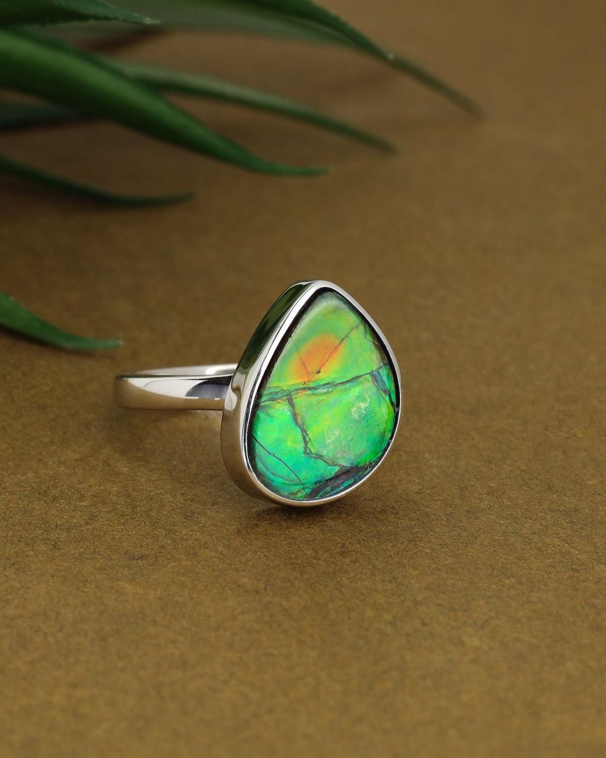 7.85 Ct. Ammolite Ring Solid 925 Sterling Silver Jewelry - YoTreasure