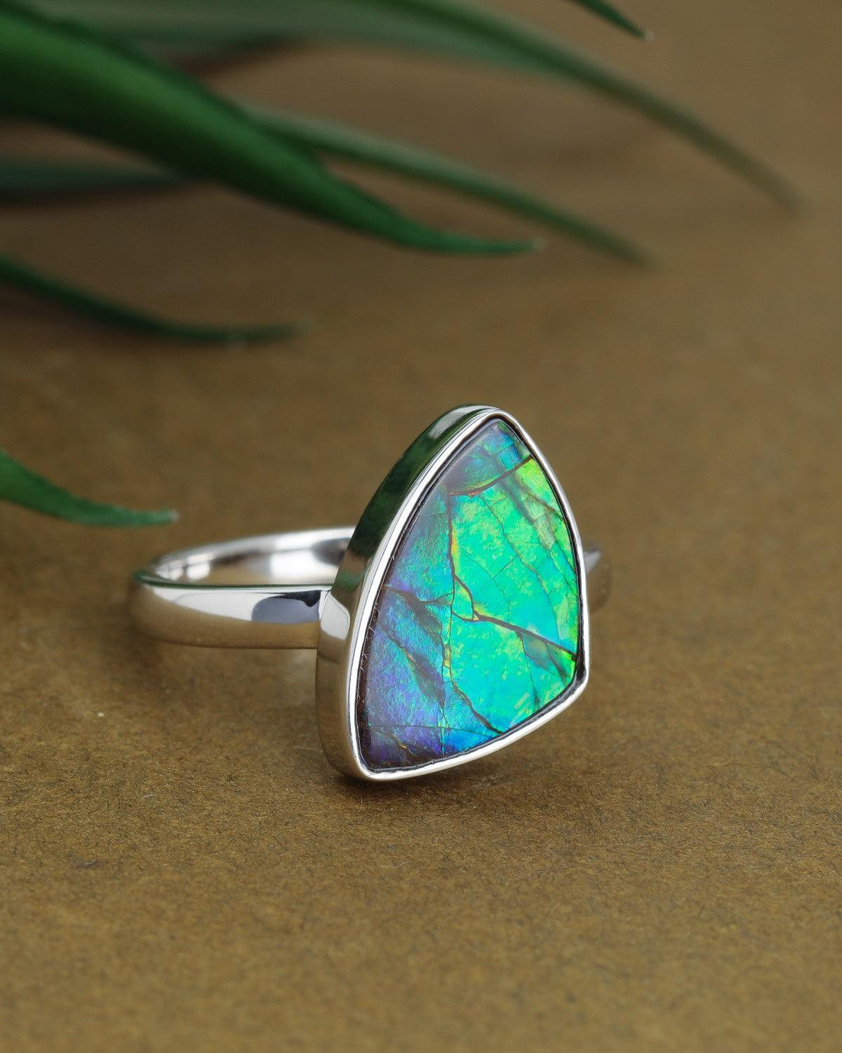 5.7 Ct. Ammolite Solid 925 Sterling Silver Ring Jewelry - YoTreasure