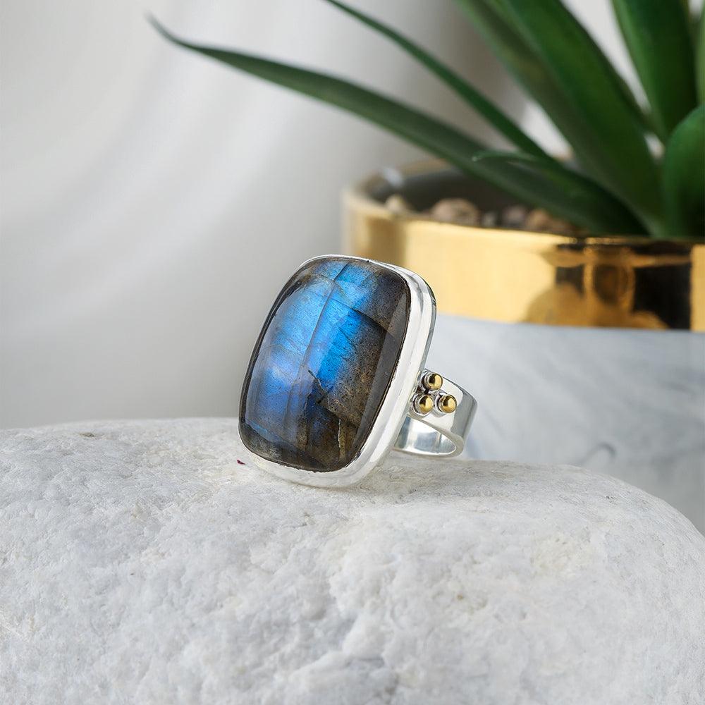 Labradorite Statement Ring Solid 925 Sterling Silver With Brass Accents - YoTreasure