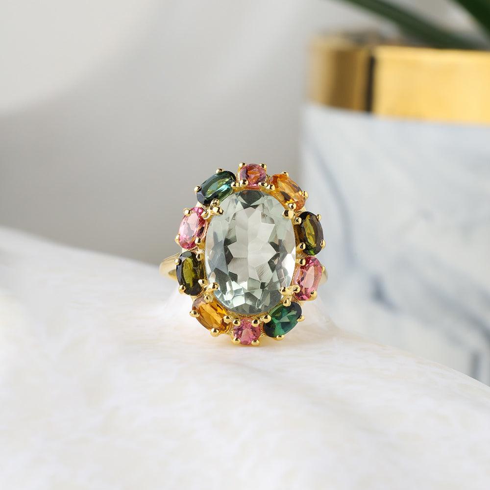 Green Amethyst Tourmaline 14K Gold Plated Over 925 Silver Cluster Ring - YoTreasure