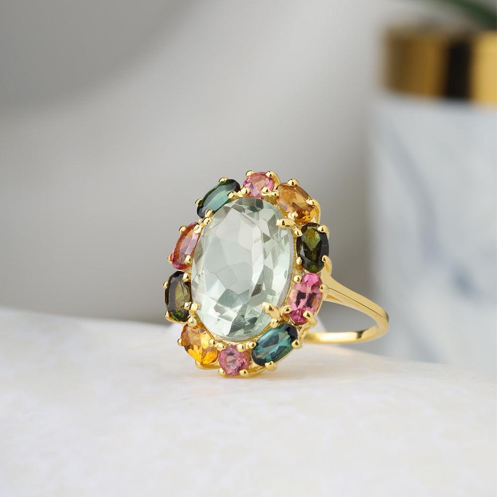 Green Amethyst Tourmaline 14K Gold Plated Over 925 Silver Cluster Ring - YoTreasure