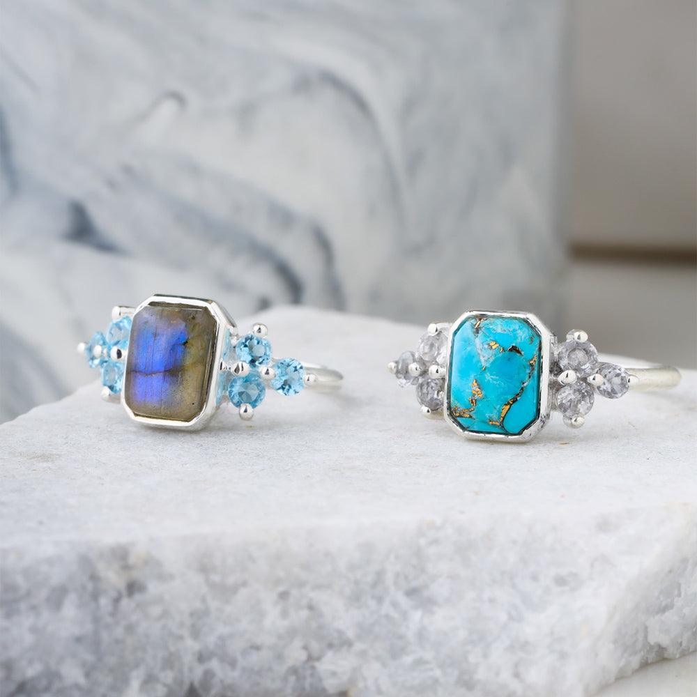 Blue Copper Turquoise White Topaz Solid 925 Sterling Silver Promise Ring - YoTreasure