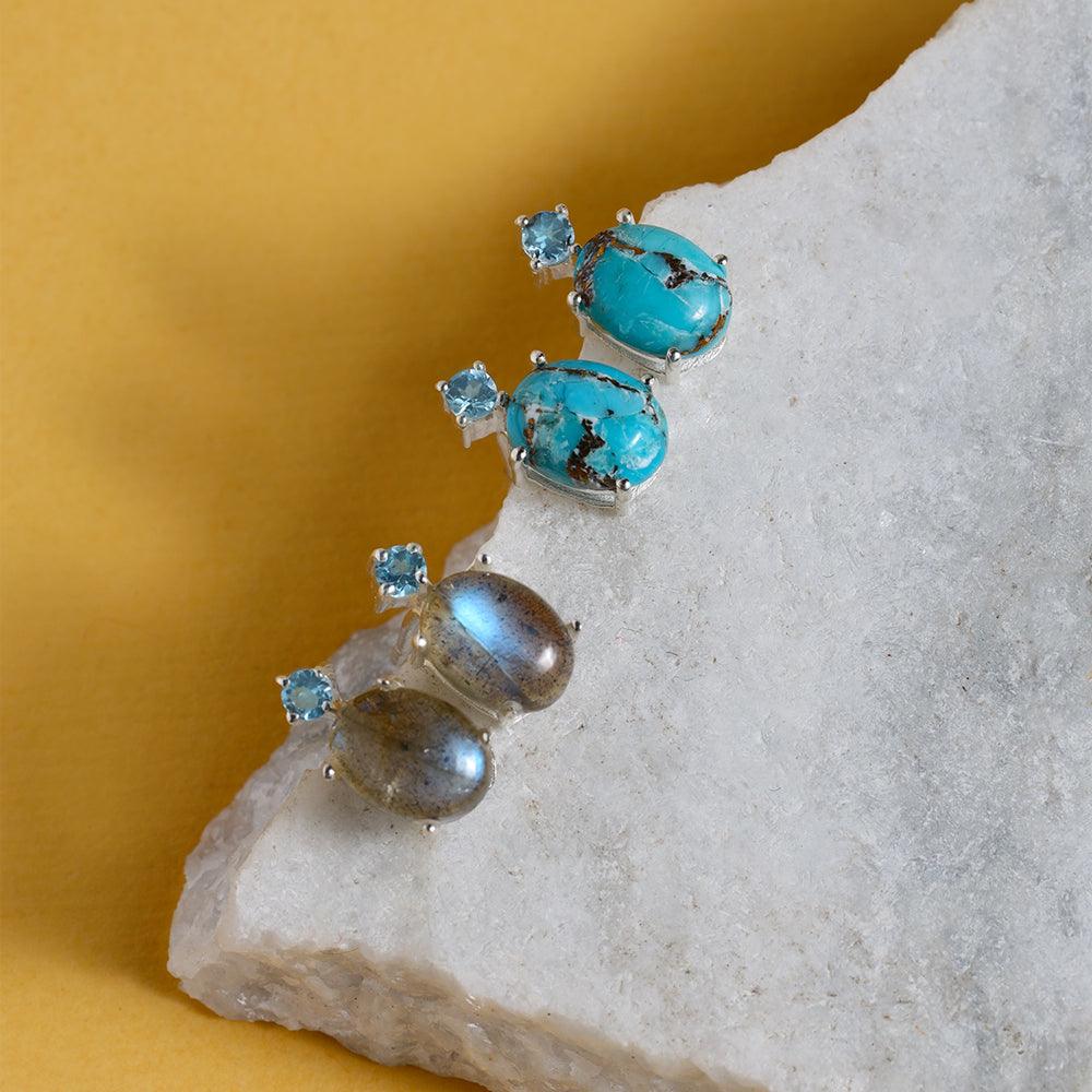 Blue Copper Turquoise Blue Topaz Solid 925 Sterling Silver Stud Earrings - YoTreasure